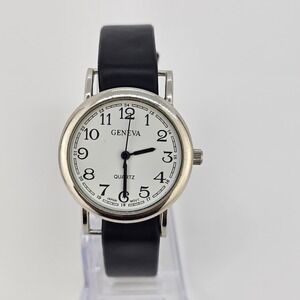 32MM Women's Watch White Dial Black Faux Leather Band Up to 6.5" New Battery